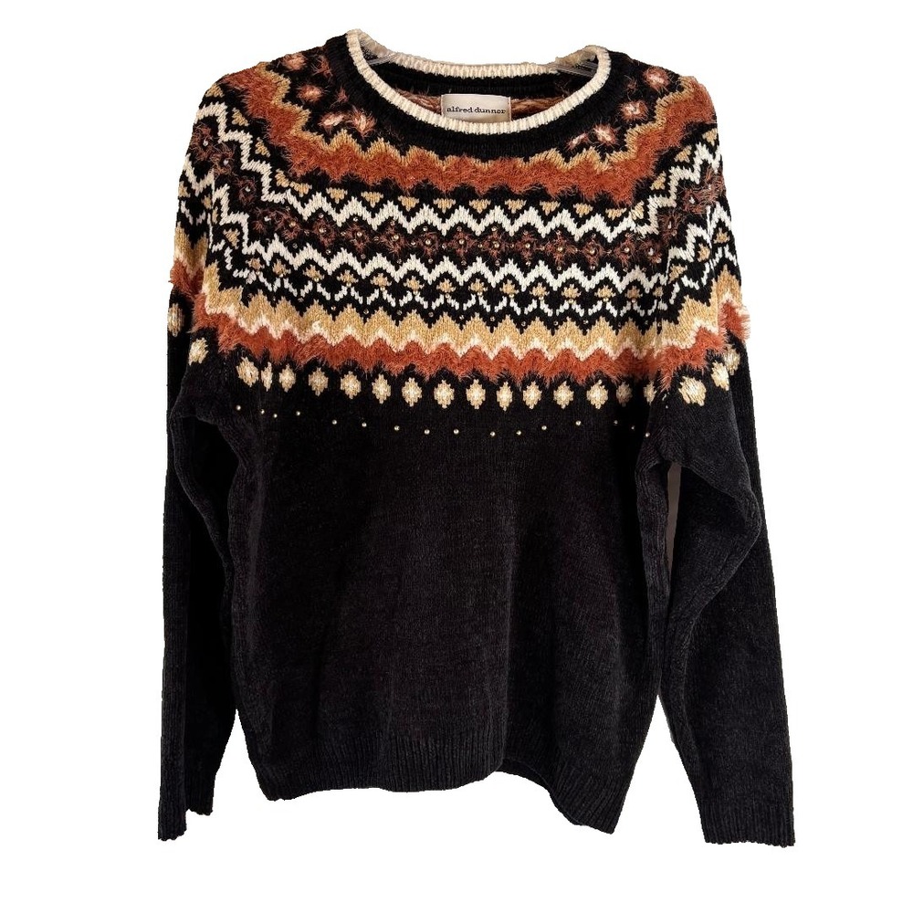 Alfred Dunner Sweater Pullover Crew Neck Black/Orange/Cream Women's Size L